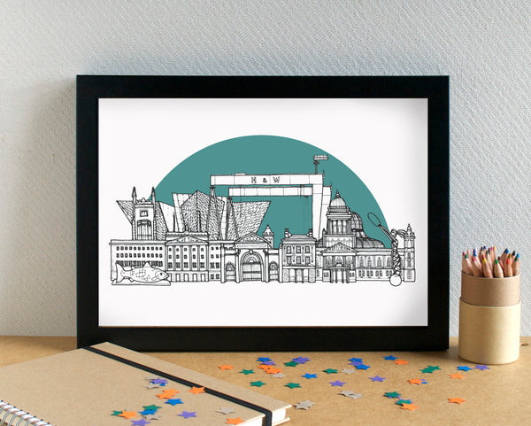 Belfast Skyline Art Print with green sunshine background