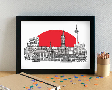 Düsseldorf Skyline Landmarks Art Print - featuring Merkur Spiel-Arena Football Stadium - can be personalised