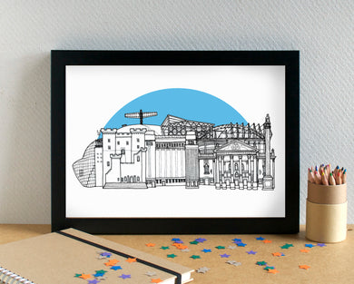 Newcastle-upon-Tyne Skyline Landmarks Art Print - with St James Park - can be personalised