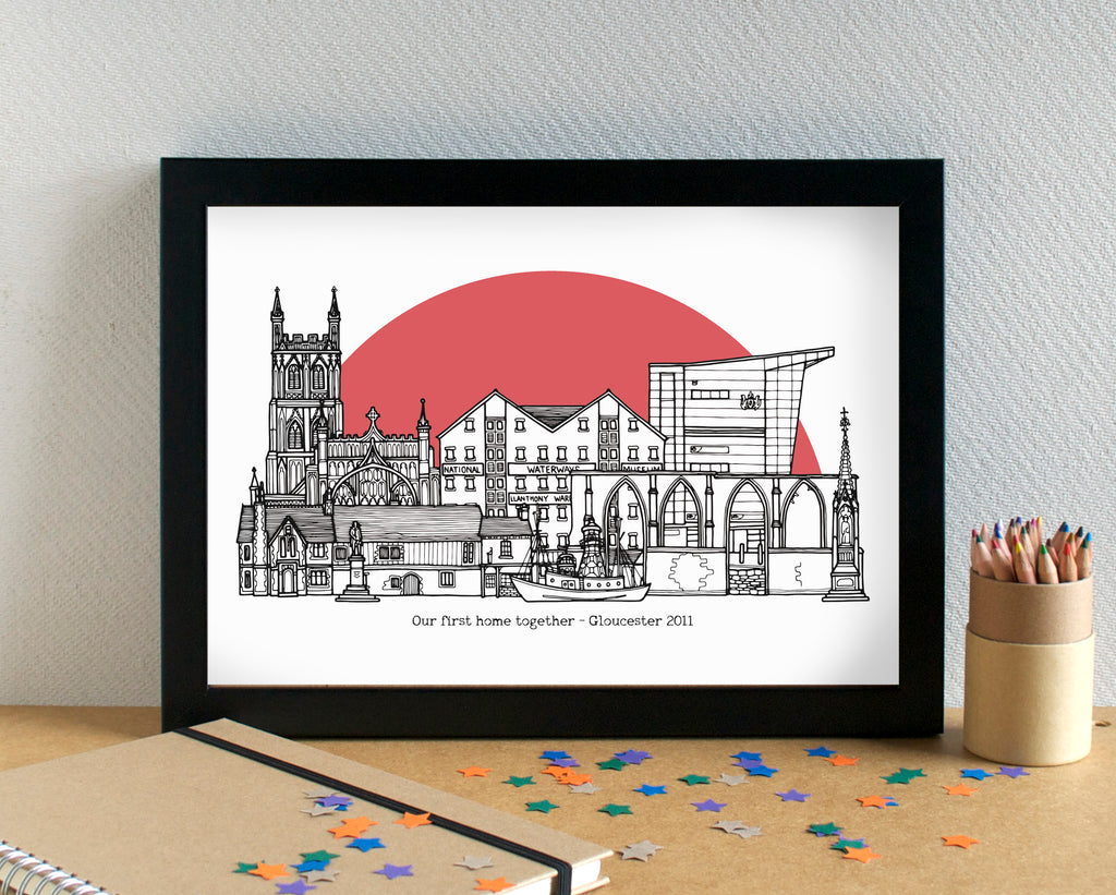 Gloucester Skyline Landmarks Art Print can be personalised unframe