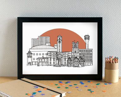 Luton Skyline Landmarks Art Print - can be personalised - unframed