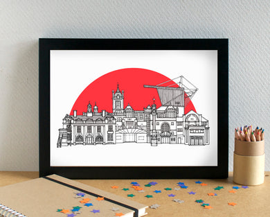 Crewe Skyline Landmarks Art Print - featuring The Mornflake Stadium - can be personalised - unframed