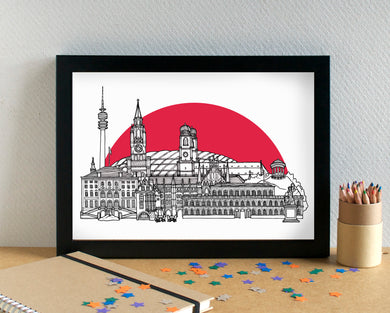 Munich Skyline Landmarks Art Print - featuring Allianz Arena Football Stadium - can be personalised