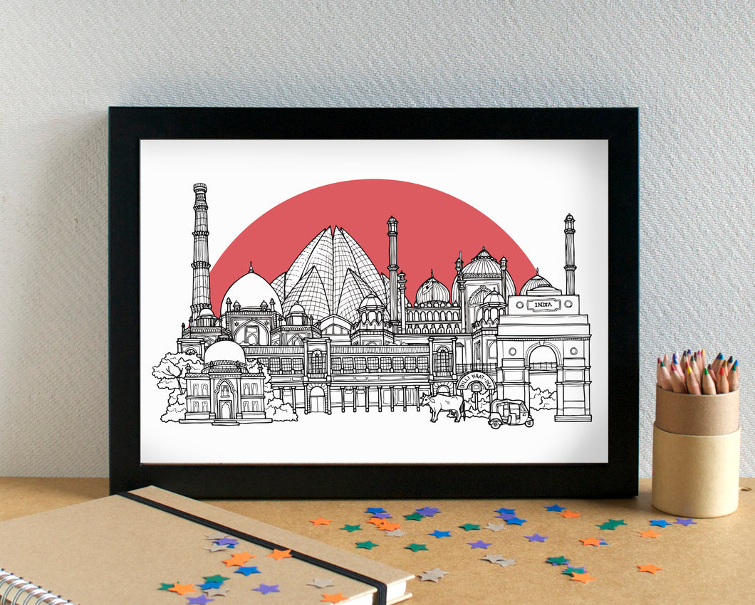 Delhi Skyline Landmarks Travel Art Print - can be personalised - unframed