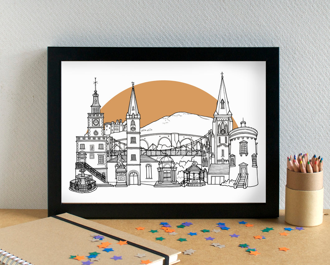 Dumfries Skyline Landmarks Art Print - can be personalised - unframed