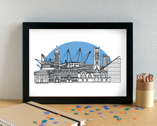 Manchester Skyline with Man City FC's Etihad Stadium - with sky blue sunshine background