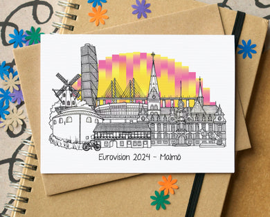 Eurovision 2024 Malmö Skyline Landmarks Greetings Card