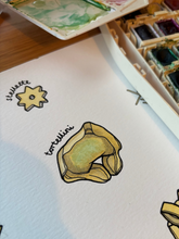 Artistic illustrations of pasta on a textured paper with watercolor paints and palette in the background.