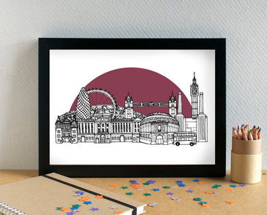 London Skyline Art Print - with West Ham United FC Stadium - can be personalised