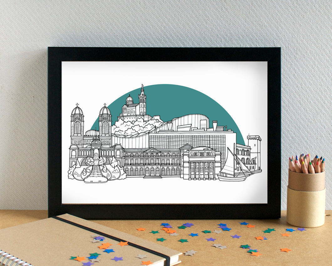 Marseille Skyline Landmarks Art Print - can be personalised