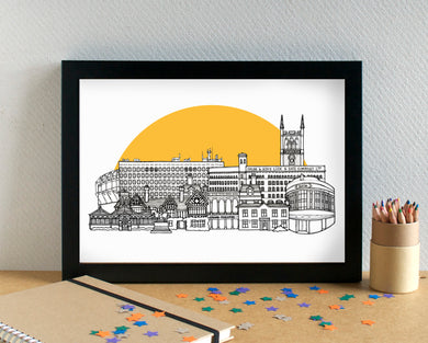 Wolverhampton Skyline Landmarks Art Print - featuring the Molineux Stadium - can be personalised
