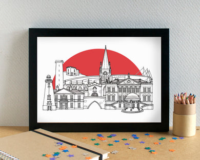Rotherham Skyline Landmarks Art Print - featuring New York Stadium - can be personalised - unframed