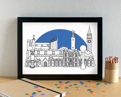 Gillingham Kent Skyline Landmarks Art Print - with Gillingham FC's Priestfield Stadium - can be personalised