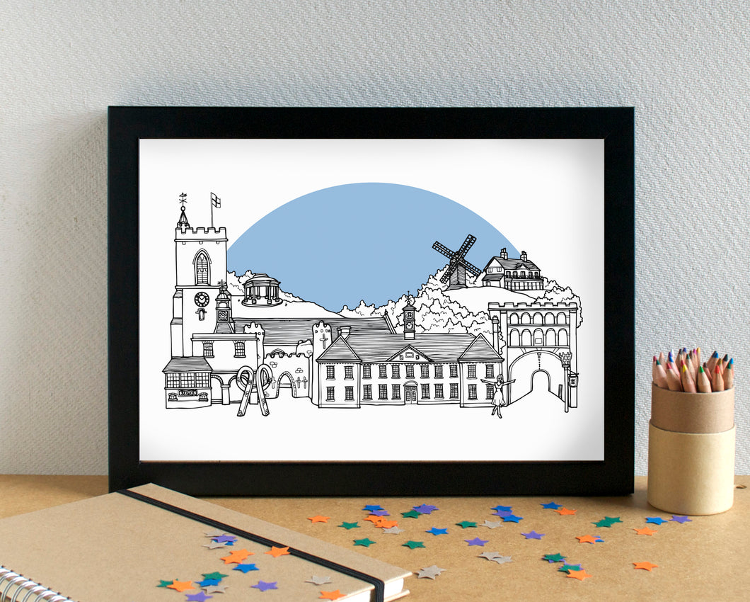 Reigate Skyline Landmarks Art Print - can be personalised