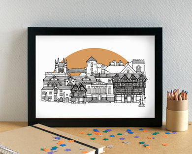 Stafford Skyline Landmarks Art Print - can be personalised - unframed