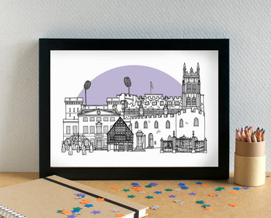 Taunton Skyline Landmarks Art Print - can be personalised - unframed