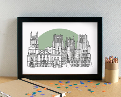 Wells Skyline Landmarks Art Print - can be personalised - unframed