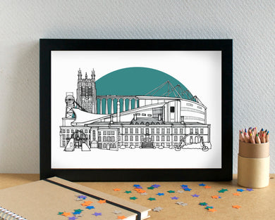 Wrexham - Wrecsam Skyline Landmarks Art Print - can be personalised - unframed