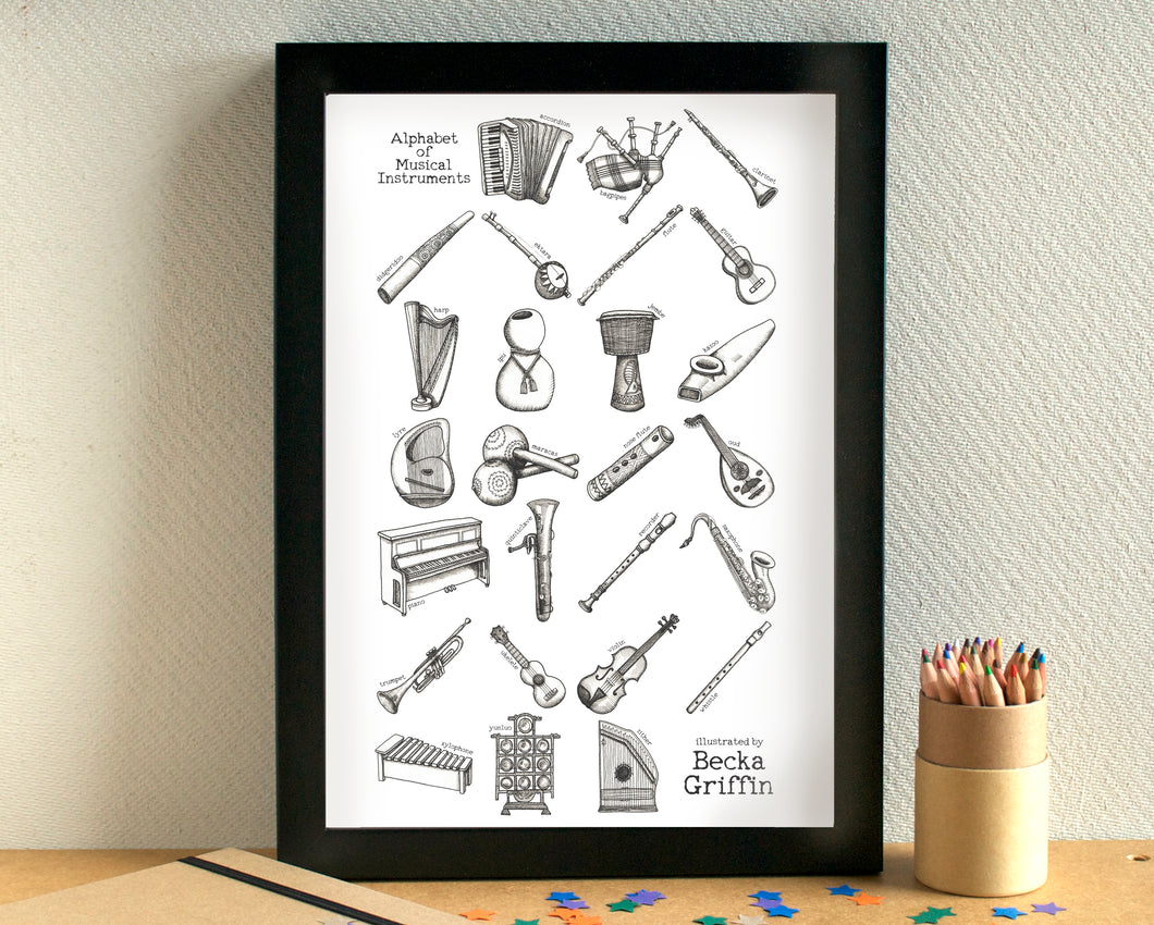Musical Instruments Alphabet Art Print - can be personalised