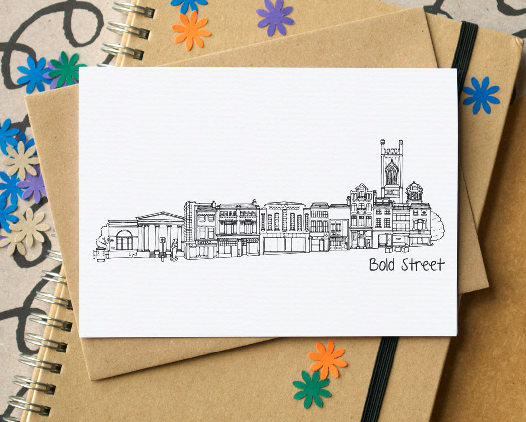 Bold Street Liverpool Skyline Landmarks Greetings Card