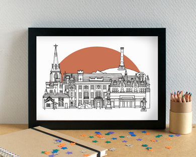 Bury Skyline Landmarks Art Print - can be personalised - unframed