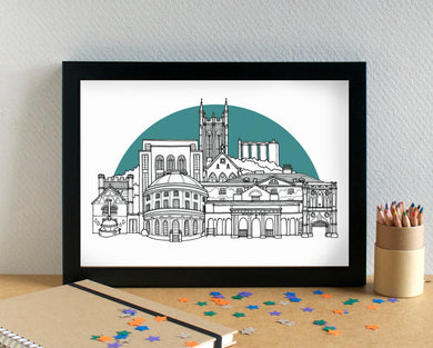 Bury St Edmunds Skyline Landmarks Art Print - can be personalised - unframed