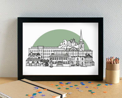Cockermouth Cumbria Skyline Landmarks Art Print - can be personalised - unframed