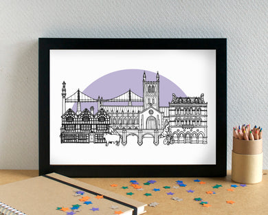 Hereford Skyline Landmarks Art Print - can be personalised - unframed
