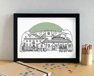 Kirkby Lonsdale Skyline Landmarks Art Print - can be personalised - unframed