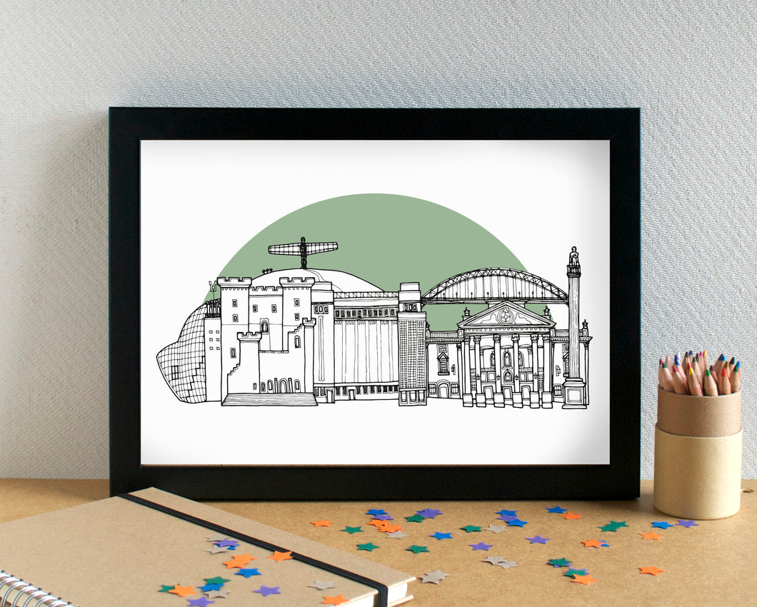 Newcastle-upon-Tyne Skyline Landmarks Art Print - can be personalised