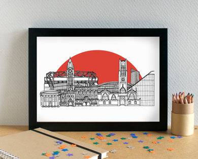 Manchester Skyline - with Man Utd's Old Trafford - Art Print - can be personalised