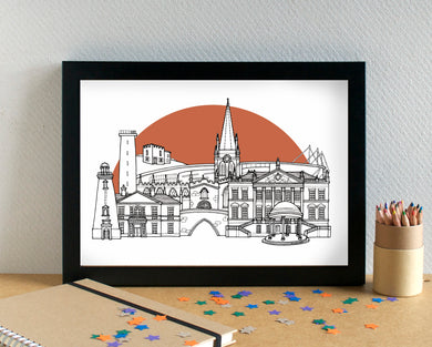 Rotherham Skyline Landmarks Art Print - can be personalised - unframed