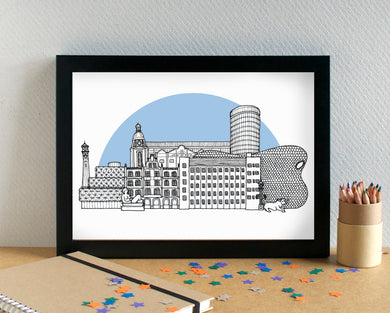 Birmingham Skyline Landmarks Art Print - with Villa Park - can be personalised